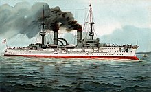 A large warship with white hull and dark gray superstructure, thick black smoke belching from its two tall smokestacks