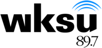 Two lines of black text, the top line reads "wksu" in a boldened sans serif typeface with three blue half-circles placed on top of the "u" to represent radio waves; the bottom line reads "89.7" in a serif font.