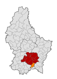 Map of Luxembourg with Weiler-la-Tour highlighted in orange, and the canton in dark red