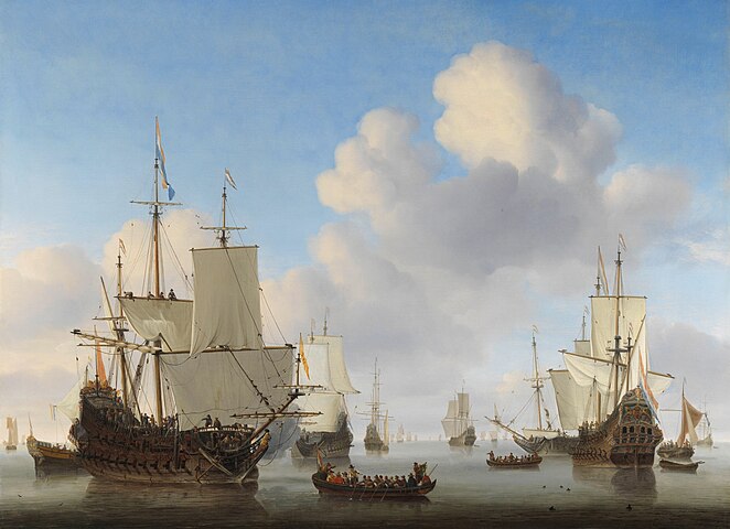 Dutch men-o'-war and other shipping in a calm by Willem van de Velde the Younger, c. 1665