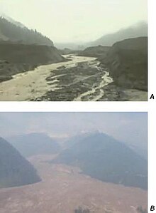 Two images showing the landscape of a large landslide.