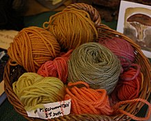 Basked containing yarn colored using mushroom dye.