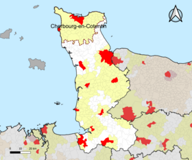 Localisation de l'aire d'attraction de Cherbourg-en-Cotentin dans le département de la Manche.