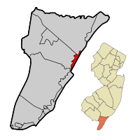 Location of Sea Isle City in Cape May County highlighted in red (left). Inset map: Location of Cape May County in New Jersey highlighted in orange (right).