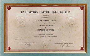 Diplôme reçu à l'Exposition universelle de 1867 par le château du Basty.