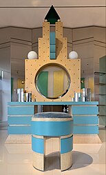 Plaza dressing table and stool, by Michael Graves for the Memphis Group, 1981, painted wood, natural rosehips, mirrors, and bulbs, Museum of Decorative Arts, Paris