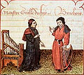 Image 12Guillaume Du Fay (left), with Gilles Binchois (right) in a c. 1440 Illuminated manuscript copy of Martin le Franc's Le champion des dames (from History of music)