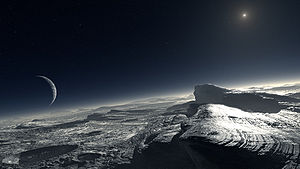 איור של פני כוכב הלכת הננסי פלוטו ואחד מירחיו.
