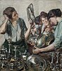 Women polishing and cleaning household silver; early 20th-century painting by Fritz Stotz