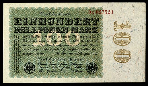 One-hundred-million Mark at German Papiermark, by the Reichsbankdirektorium Berlin