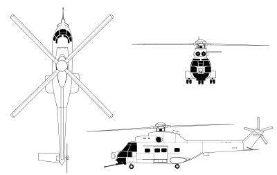 Orthographically projected diagram of the SA330 Puma Line Drawing