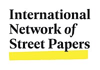 The logo consists of the text "International Network of Street Papers" in black with a yellow line underneath. The line sits at a slight angle and is distresse.