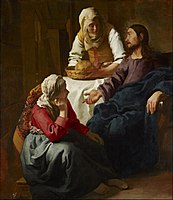 Johannes Vermeer, Christ in the House of Martha and Mary, 1654-56. The red jacket worn by Mary is painted in madder lake