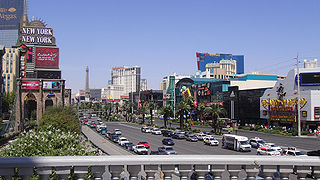 A view of the southern end of the Strip. Looking northward from Tropicana Avenue.