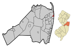 Map of Sea Bright in Monmouth County. Inset: Location of Monmouth County highlighted in the State of New Jersey.