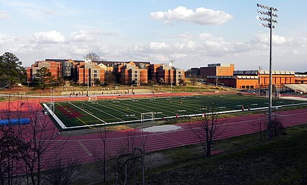 A view of the NCCU track, soccer field along with Richmond Residence Hall and the LeRoy T. Walker Physical Education Complex (far right)