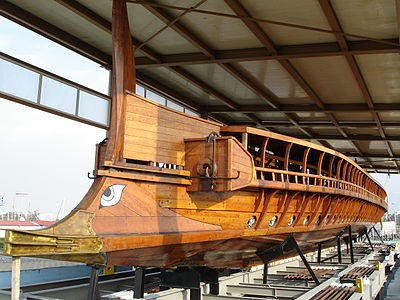Olympias, a reconstruction of an ancient Athenian trireme, the Athenian fleet would have been supplied with grain from the Makra Stoa