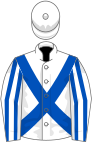 White, royal blue cross sashes, striped sleeves, white cap