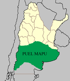 Carte du Puelmapu (es) au XIXe siècle, sur le territoire de l'actuelle Argentine. En jaune sont dessinées les frontières des 14 provinces originelles du pays, mais sans correspondance exacte avec les limites actuelles[5].