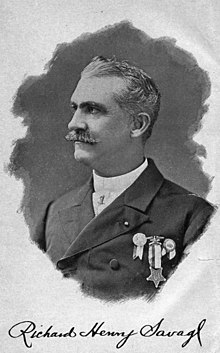 monochrome sketch of a man facing to the left, the man wearing a white tuxedo shirt and coat decorated with three military campaign ribbons
