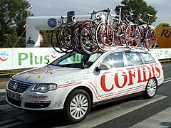 Porte-vélo sur une voiture de course cycliste.