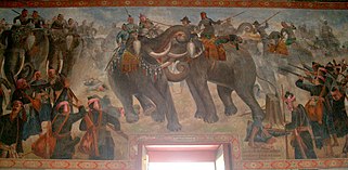 Elephant duel between Naresuan and Mingyi Swa as wall murals in Phra Ubosot, Wat Suwan Dararam, Ayutthaya.
