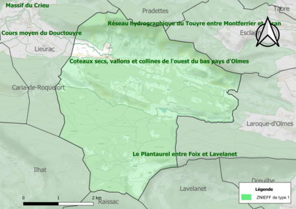 Carte des ZNIEFF de type 1 sur la commune.