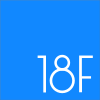 18F logo: white text on a sky blue square background