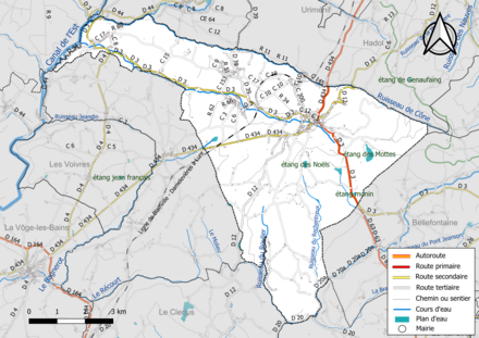 Carte en couleur présentant le réseau hydrographique de la commune