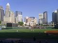 The view from left field, with the Charlotte skyline