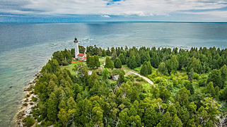 Aerial view of the Cana Island Lighthouse.