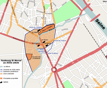 Plan du faubourg Saint-Marcel au XIIIe siècle.