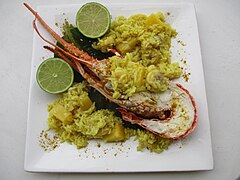 Curry antillais aux bananes et langouste.