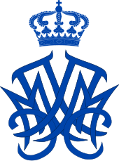 Monogramme de couleur bleu surmonté d'une couronne montrant les initiales latines MC et grecque Π enlacées.