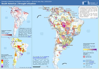 European Commission map of drought conditions across South America from February 2023 to January 2024, showing widespread drought especially in the middle of and south of Brazil.