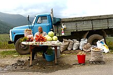 Older woman with a head-covering sitting at a table on the side of the road with turnips, carrots, cabbage, and potatoes for sale. There is a large truck behind her.