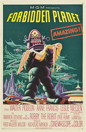 Robby le robot sur l'affiche du film Planète interdite (1956).Cette affiche présente un Robby peut-être menaçant portant une jeune fille, imagerie frappante qui ne correspond à rien dans le film : la seule personne que Robby transporte est un homme, le lieutenant « Doc » Ostrow, alors qu'il est mortellement blessé.