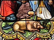 Pig at the feet of St Anthony the Hermit. Stained glass, Chapelle Notre-Dame-de-Lhor, Moselle, France