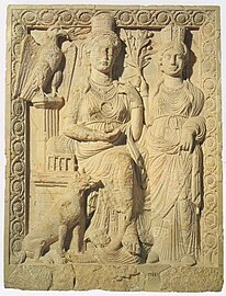 Hellenized bas-relief sculpture of Ishtar standing with her servant from Palmyra (third century CE)