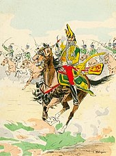 Un général à cheval en tête de ses cavaliers à la charge, la pipe à la main.