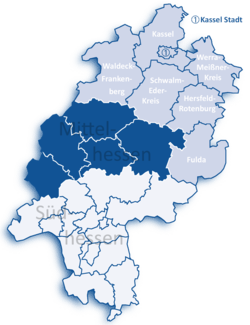 Map of Hesse highlighting the Regierungsbezirk of Kassel