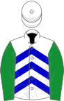 White and blue chevrons, green sleeves, white cap