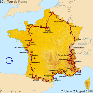 Route of the 1936 Tour de France followed clockwise, starting in Paris