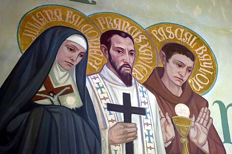Mural detail of Saints Juliana Falconieri, Francis Xavier, & Paschal Baylon