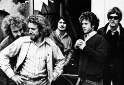 The Flying Burrito Brothers in July 1971. (Left to right: Bernie Leadon, Sneaky Pete Kleinow, Rick Roberts, Chris Hillman, Michael Clarke)