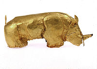 The Golden Rhinoceros of Mapungubwe; 1075–1220; discovered in 1932; Mapungubwe Collection (University of Pretoria Museums). This artifact is described as being "small enough to stand in the palm of your hand."[6][7]