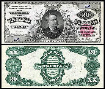 Twenty-dollar silver certificate from the series of 1891, by the Bureau of Engraving and Printing