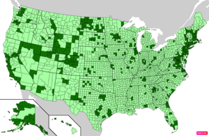 Counties in the United States by median nonfamily household income according to the U.S. Census Bureau American Community Survey 2013–2017 5-Year Estimates.[257] Counties with median nonfamily household incomes higher than the United States as a whole are in full green.