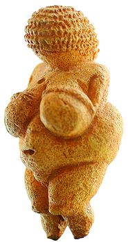 La Vénus de Willendorf, découverte en 1908 près de Krems (Basse-Autriche), est une statuette en calcaire du Paléolithique supérieur (vers 24 000–22 000 av. J.-C.) conservée au Musée d'histoire naturelle de Vienne (Autriche). Haute de 11 cm, elle présente les traits caractéristiques des Vénus paléolithiques (forte poitrine et stéatopygie), interprétés comme des symboles de fécondité. (définition réelle 1 428 × 2 684)