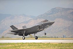 An F-35A Lightning II of the 388th Fighter Wing touches down at Hill Air Force Base during 2015.